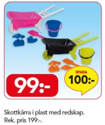Skottkärra i plast med redskap