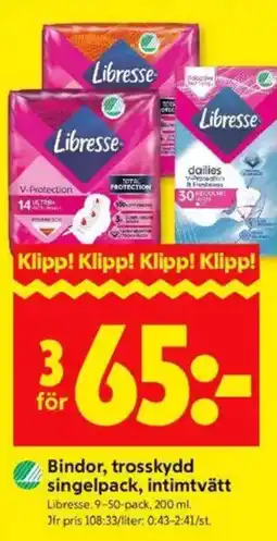 ICA Kvantum LIBRESSE Bindor, trosskydd singelpack, intimtvätt erbjuda