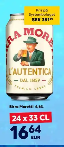 Border Shop Birra Moretti 4,6%, EUR 16.64 erbjuda