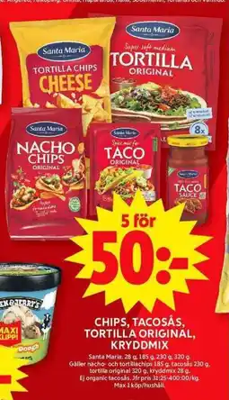 ICA Maxi Chips, tacosås, tortilla original, kryddmix erbjuda