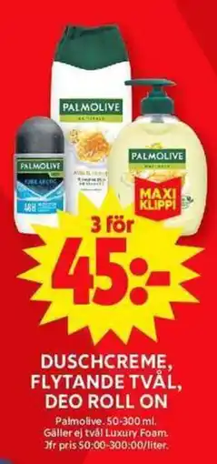 ICA Maxi Duschcreme, flytande tvål, deo roll on erbjuda