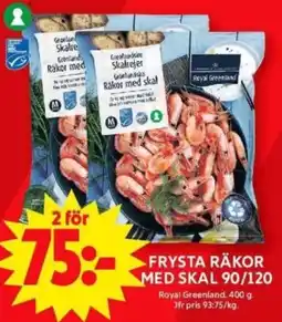 ICA Supermarket Frysta räkor med skal 90/120 erbjuda