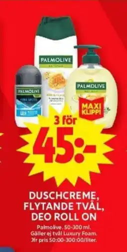 ICA Supermarket PALMOLIVE Duschcreme, flytande tvål, Deo roll on erbjuda