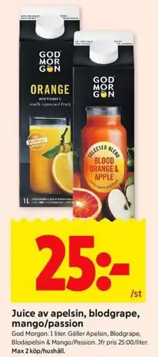 ICA Kvantum God Morgon Juice av apelsin, blodgrape, mango/passion erbjuda