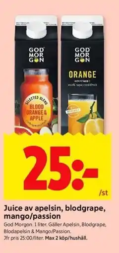 ICA Kvantum God Morgon Juice av apelsin, blodgrape, mango/passion erbjuda