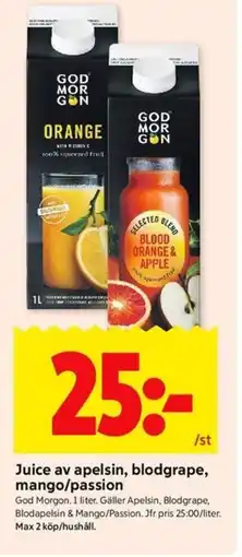 ICA Kvantum God Morgon Juice av apelsin, blodgrape, mango/passion erbjuda