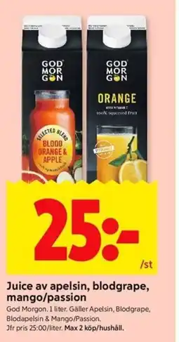 ICA Kvantum God Morgon Juice av apelsin, blodgrape, mango/passion erbjuda
