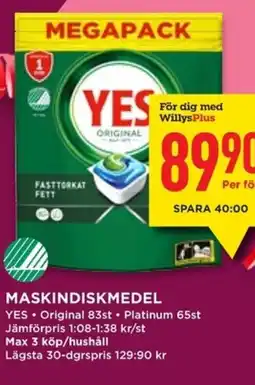 Willys YES Maskindiskmedel erbjuda