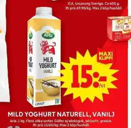 ICA Maxi Mild yoghurt naturell, vanilj erbjuda