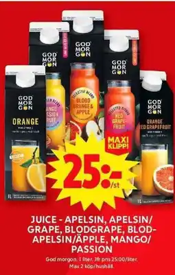 ICA Maxi Juice - apelsin, apelsin/ grape, blodgrape, blod- apelsin/äpple, mángo/ passion erbjuda