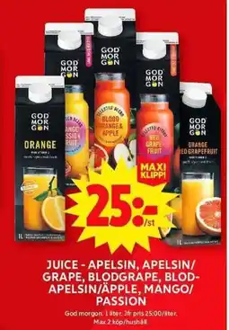 ICA Maxi GOD MORGON Juice - apelsin, apelsin/ grape, blodgrape, blod- apelsin/äpple, mángo/ passion erbjuda