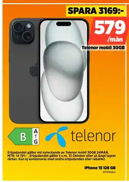 Power TELENOR iPhone 15 128 GB erbjuda