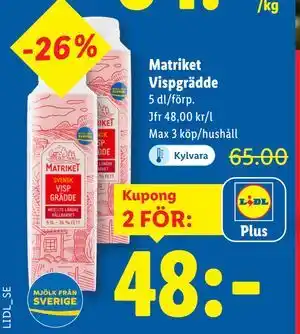 Lidl Matriket Vispgrädde, Pris i appen erbjuda
