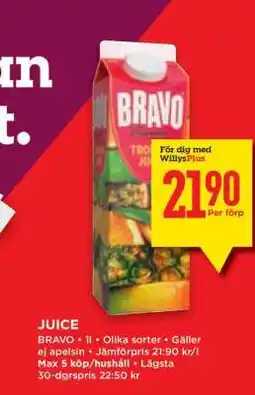 Willys Bravo juice erbjuda