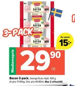 Coop Extra Bacon 3-pack, Medlemspris erbjuda