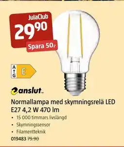 Jula Normallampa med skymningsrelä LED E27 4,2 W 470 lm, Medlemspris erbjuda