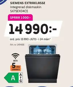 Elon SIEMENS Extraklasse Integrerad diskmaskin SX75EX04CE erbjuda