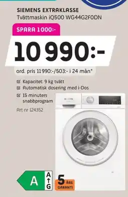 Elon SIEMENS Extraklasse Tvättmaskin iQ500 WG44G2FODN erbjuda