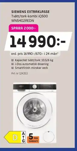 Elon SIEMENS ExtraklasseTvätt/tork-kombi iQ500 WN54G2AEDN erbjuda
