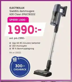Elon ELECTROLUX Sladdlös dammsugare 600 Clean EP61CB21D2 erbjuda