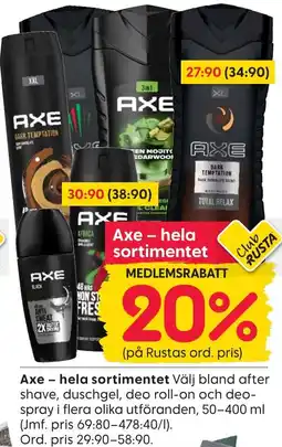 Rusta AXE hela sortimentet erbjuda