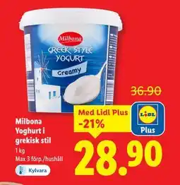 Lidl Milbona Yoghurt i grekisk stil, Pris i appen erbjuda