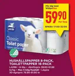 Willys LAMBI Hushållspapper 8-pack, toalettpapper 16-pack erbjuda