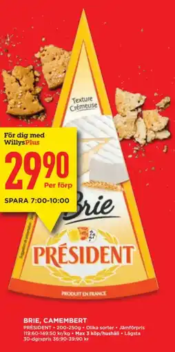 Willys PRÉSIDENT Brie, camembert erbjuda
