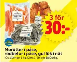 ICA Supermarket ICA Morötter i påse, rödbetor i påse, gul lök i nät erbjuda