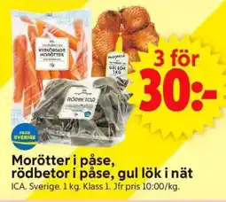 ICA Supermarket Morötter i påse, rödbetor i påse, gul lök i nät erbjuda