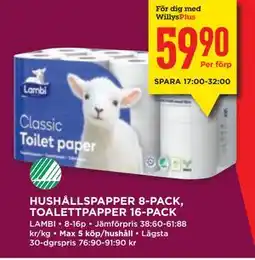 Willys HUSHÅLLSPAPPER 8-PACK, TOALETTPAPPER 16-PACK, Medlemspris erbjuda