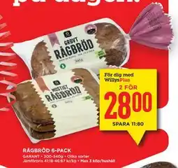 Willys Hemma RÅGBRÖD 6-PACK, Medlemspris erbjuda