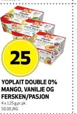 Rusta Yoplait double 0% mango, vanilje og fersken/pasjon erbjuda