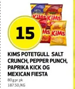 Rusta Kims potetgull salt crunch, pepper punch, paprika kick og mexican fiesta erbjuda