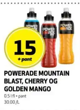 Rusta Powerade mountain blast, cherry og golden mango erbjuda