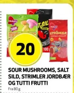 Rusta Sour mushrooms, salt sild, strimler jordbær og tutti frutti erbjuda