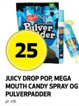 Rusta Juicy drop pop, mega mouth candy spray og pulverpadder erbjuda