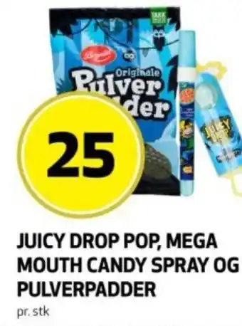 Rusta Juicy drop pop, mega mouth candy spray og pulverpadder erbjuda