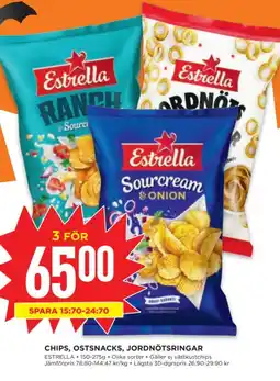 Willys Estrella Chips, ostsnacks, jordnötsringar erbjuda
