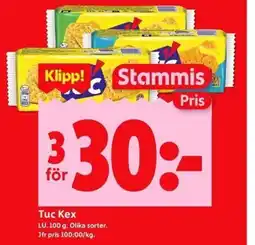 ICA Kvantum Tuc Kex Jfr pris 100:00/kg. erbjuda