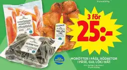 ICA Maxi Morötter i påse, rödbetor i påse, gul lök i nät erbjuda