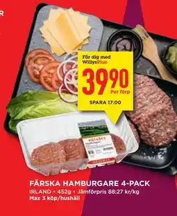 Willys Hemma FÄRSKA HAMBURGARE 4-PACK, Medlemspris erbjuda