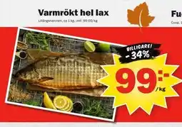Pekås Varmrökt hel lax, SEK 99 erbjuda
