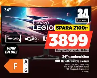 Lenovo 34" gamingskärm 180 Hz ultrawide skärm