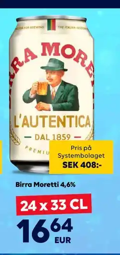 Border Shop Birra Moretti 4,6%, EUR 16.64 erbjuda