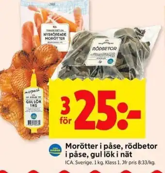 ICA Morötter i påse, rödbetor i påse, gul lök i nät