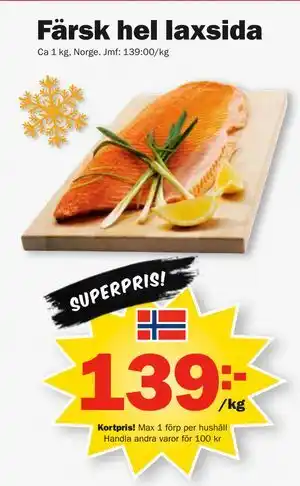 Pekås Färsk hel laxsida, Medlemspris erbjuda