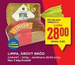 Willys Hemma LIMPA, GROVT BRÖD, Medlemspris erbjuda