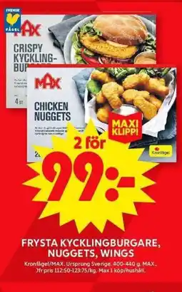 ICA Maxi Frysta kycklingburgare, nuggets, wings erbjuda