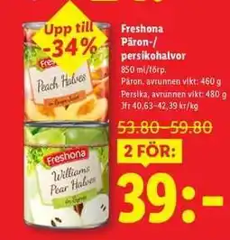 Lidl Freshona Päron-/persikohalvor erbjuda